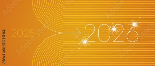 2025 change into 2026 with blue line art design numbers and sparkle firework on orange yellow background. Concept of new year transition, innovation, goal setting, direction and strategic planning