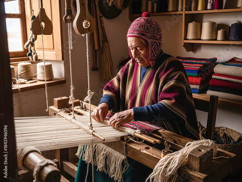 Elderly Artisan Weaver Working on Traditional Loom in Rustic Workshop