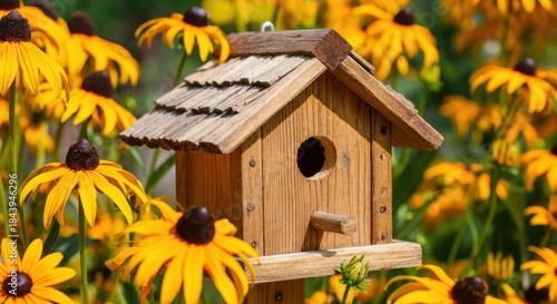 Wooden birdhouse perched among bright yellow black-eyed Susans in a sunny garden