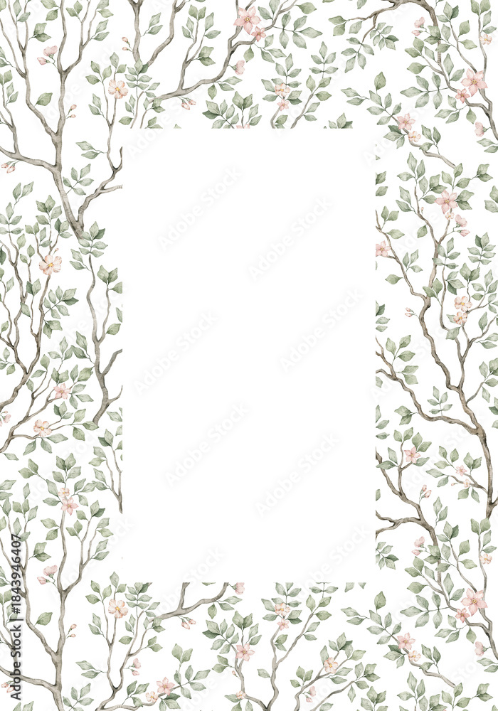 Obraz premium Watercolor floral frame with tree branches, leaves, flowers. Greenery arrangement for invitation, cards