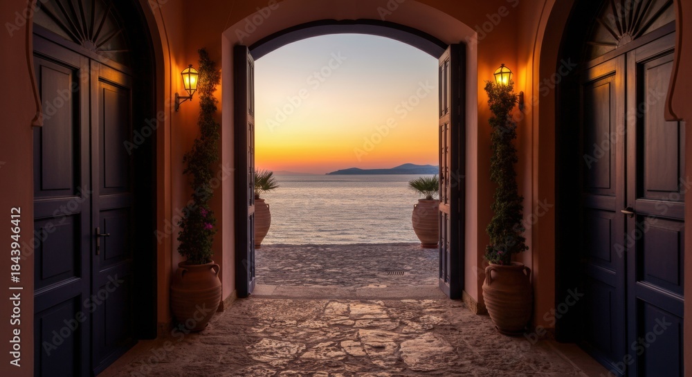 Obraz premium Open doorway overlooking calm sea at sunset with stone terrace and pots