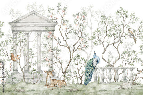 Watercolor seamless border with chinoiserie motifs. Forest woodland creatures, deers, peacock, ancient architecture, green blooming trees. Nature decoration for wallpaper, murals.