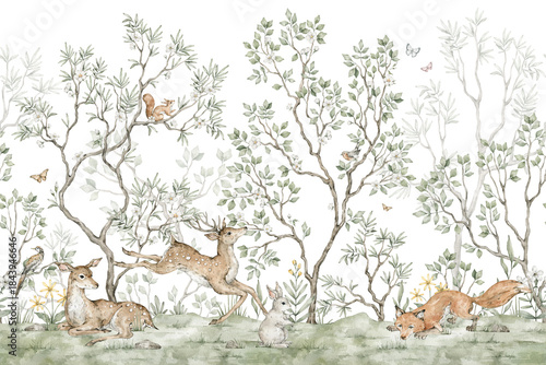 Watercolor seamless border with chinoiserie motifs. Forest woodland creatures, deers, fox, squirrel, green blooming trees. Nature decoration for wallpaper, murals.