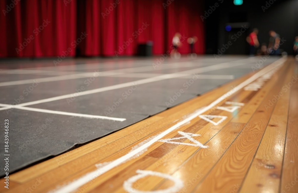 Fototapeta premium Stage markings on wooden theater floor with red curtains and rehearsal space