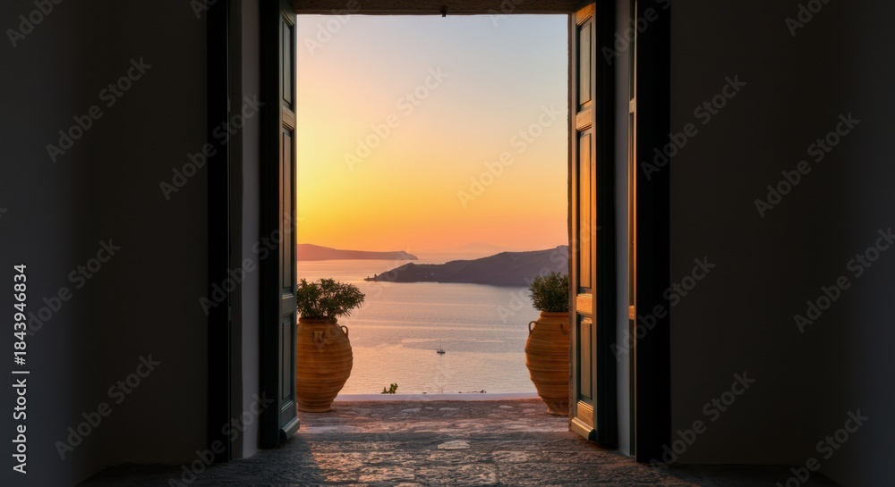 Obraz premium Open doorway framing coastal sunset over calm sea and distant golden islands
