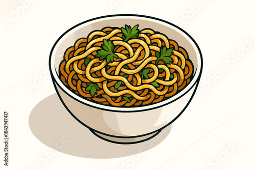 Herb-Garnished Noodles. Bowl of freshly cooked noodles garnished with herbs on a clean white vector illustration table, inviting