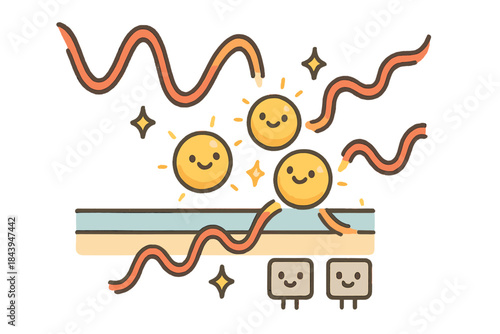 Playful Plasmon Resonance. Cheerful doodle surface plasmon resonance experiment with happy gold nanoparticles, cartoon light waves