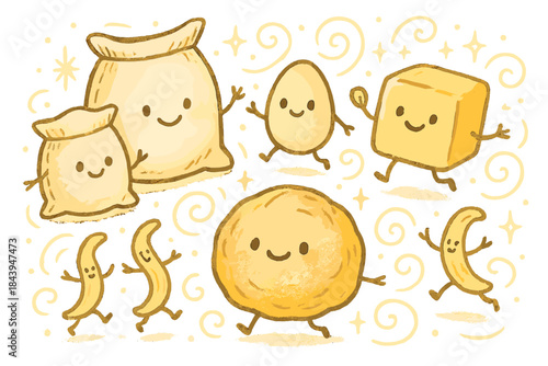 Cheerful Pastry Party. Adorable doodle pastry preparation with smiling flour sacks, cartoon eggs and butter dancing, tiny happy