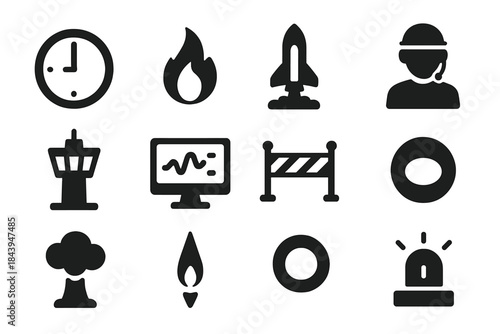 Rocket Launch Icons. Solid style icons of Launch sequence: countdown clock, ignition flame, rocket plume, pad crew, control tower,