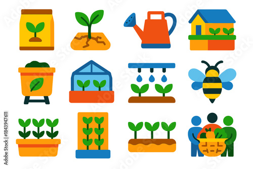 Survival Farming Icons. Flat vector icons of Survival Farming: seed pouch, cracked soil sprout, handmade watering can, rooftop
