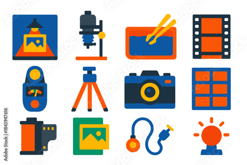 Analog Photography Icons. Flat vector icons of Analog Photography: darkroom, enlarger, developer tray, film negative, light meter,