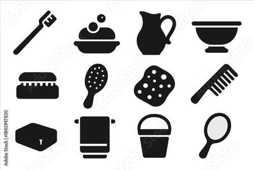 Classic Hygiene Icons. Solid style icons of Classic Hygiene Tools: Toothbrush, Soap Dish, Water Pitcher, Wash Basin, Nail Brush,