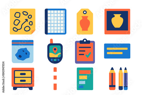 Archaeological Tools Icons. Flat vector icons of Archaeological Documentation: site sketch, grid notebook, artifact tag,