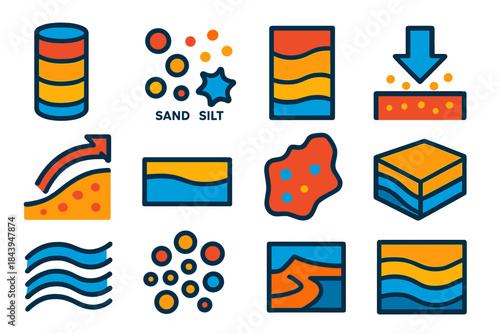 Sediment Analysis Icons. Flat vector icons of sediment analysis for site interpretation: layered core, sand, silt, clay particles,