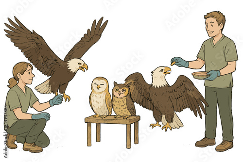 Rehabilitating Majestic Birds. Bird rehabilitation scene with eagles stretching wings, owls recovering happily, and trainers