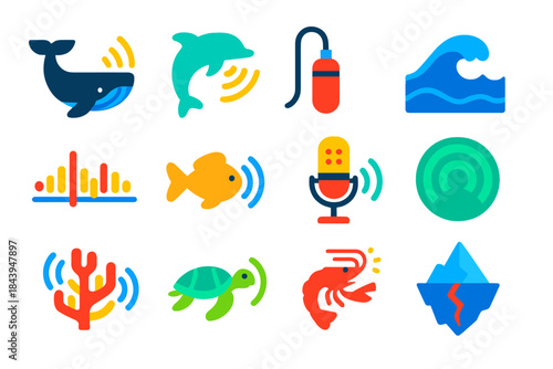 Marine Bioacoustic Icons. Flat vector icons of Marine Bioacoustics: whale call, dolphin sonar, hydrophone cable, sea wave,