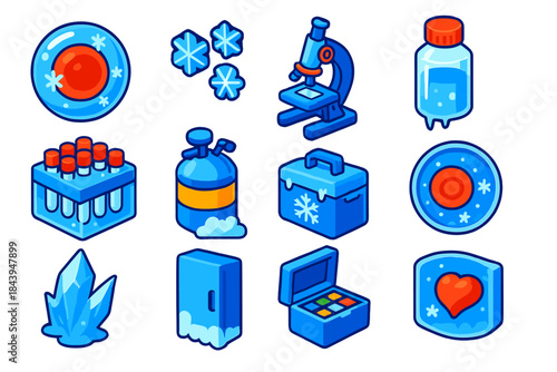 Cryobiology Icons Collection. Isometric vector illustration set Cryobiology: encapsulated frozen cell, hexagonal ice crystals, lab