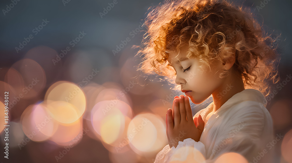 Fototapeta premium Child prays with hands together during evening light in a quiet setting with soft backgrounds