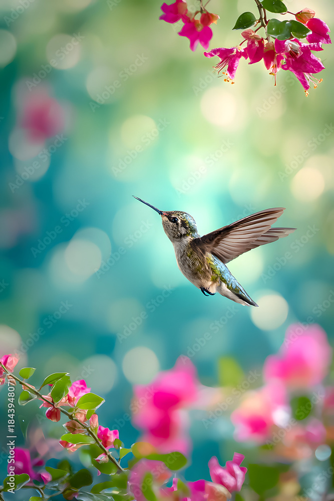 Obraz premium Hummingbird hovering near colorful flowers in a garden setting under natural light during the daytime