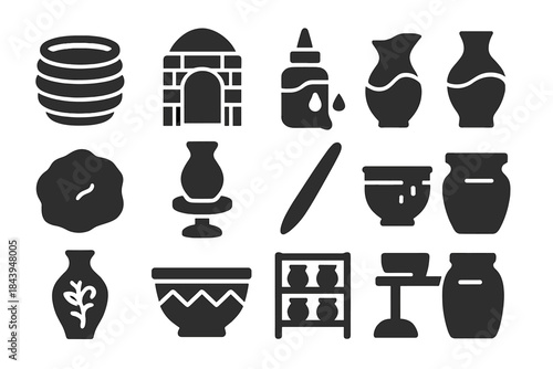 Artisan Pottery Icons. Solid style icons of Artisan Pottery: Coil Pot, Kiln, Glaze, Unique Piece, Clay Lump, Potter’s Wheel,
