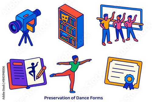 Dance Heritage Icons. Isometric vector illustration set Preservation of Dance Forms: archival video camera, cultural library shelf