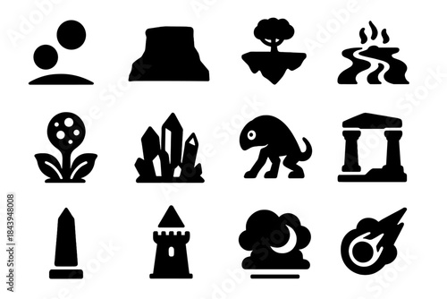 Exotic World Icons. Solid style icons of Exotic Worlds: Twin Suns, Rocky Plateau, Floating Island, Lava River, Strange Plant,