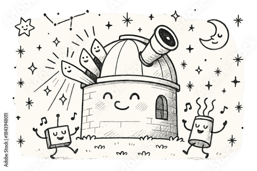 Whimsical Observatory Joy. Fantasy doodle observatory with a dome smiling, telescopes peeking out, light beams entering with faces