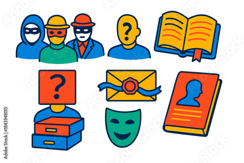 Anonymity Icons Collection. Isometric vector illustration set History of anonymity: masked figures, anonymous manuscripts, secret