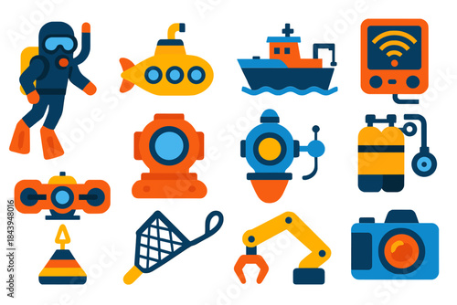 Ocean Exploration Icons. Flat vector icons of ocean exploration: scuba diver, submarine, research ship, sonar device, underwater
