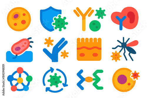 Host-Parasite Interaction Icons. Flat vector icons of host-parasite interactions: infected cell, immune response, antibody,