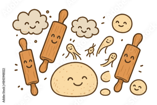 Happy Pizza Dough Celebration. Friendly doodle pizza dough scene with happy rolling pins, smiling dough balls, cartoon flour