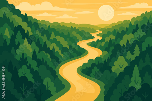 Golden River Serenity. Scenic aerial shot of a winding river surrounded by dense vector illustration green forests, illuminated by
