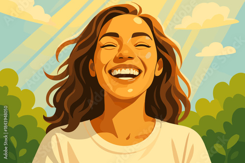Radiant Smiling Portrait. Joyful vector illustration portrait of a young woman with a radiant smile under bright sunlight, vibrant