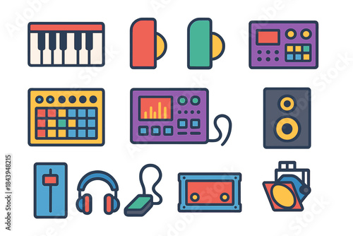 Synth Icon Set. Flat vector icons of Synth Performance: keyboard, pitch wheel, modulation wheel, step sequencer, arpeggiator, drum