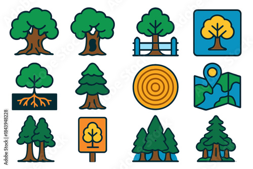 Ancient Tree Icon Set. Flat vector icons of ancient tree preservation: giant oak, hollow trunk, protected tree fence, conservation
