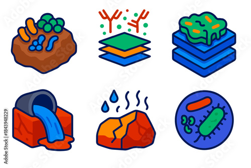 Geomicrobiology Icon Set. Isometric vector illustration set Geomicrobiology: microbial colonies on rocks, mineral precipitation