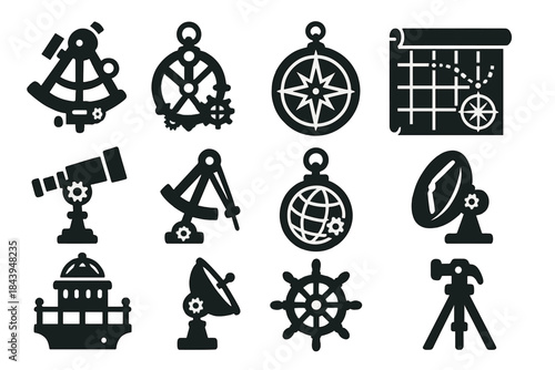 Steampunk Navigation Icons. Solid style icons of Steampunk navigation: sextant, astrolabe, compass rose, nautical chart, telescope
