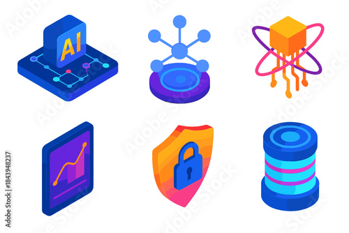 Futuristic Network Icons. Isometric vector illustration set Future of Network Analysis: AI-powered network map, holographic nodes,