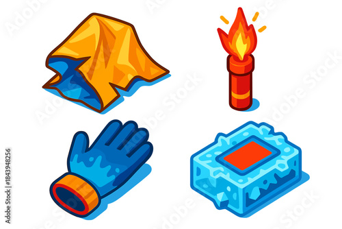 Survival Gear Icons. Isometric vector illustration set Survival Against the Cold: Torn thermal blanket, emergency flare,