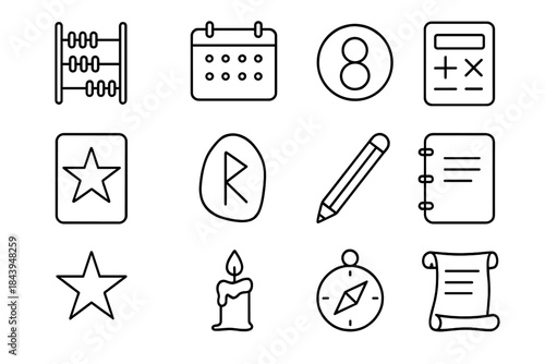 Numerology Tools Icons. Line style icons of Numerological Tools: Abacus, Calendar, Mystic Number, Calculation; Tarot Card, Rune