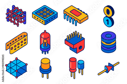 Analog Memory Icons. Isometric vector illustration set Analog Memory: rope memory pattern, magnetic ring core, vintage integrated