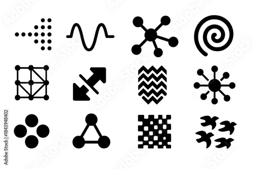 Self-Organization Icons. Solid style icons of self-organization: particles forming order, wave synchronization, connected dots,