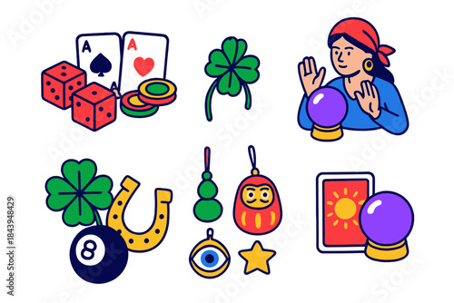 Gambling Luck Symbols. Isometric vector illustration set Sociology of luck: gambling superstitions, dice and cards, ritual