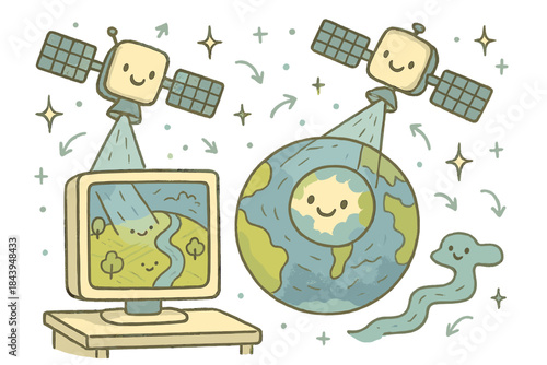 Whimsical Satellite Doodles. Whimsical doodle satellite imagery lab with smiling satellites, cartoon beams scanning Earth,