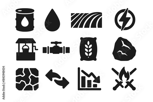 Icons of Resource Conflict. Solid style icons of resource scarcity conflicts: oil barrel, water droplet, farmland field, energy