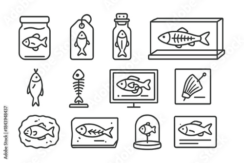 Line Style Fish Icons. Line style icons of preserved fish: specimen jar, label tag, corked vial, display case; dried fish,