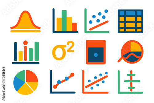 Statistical Icons Set. Flat vector icons of development of statistical thought: bell curve, histogram, scatter plot, data table,