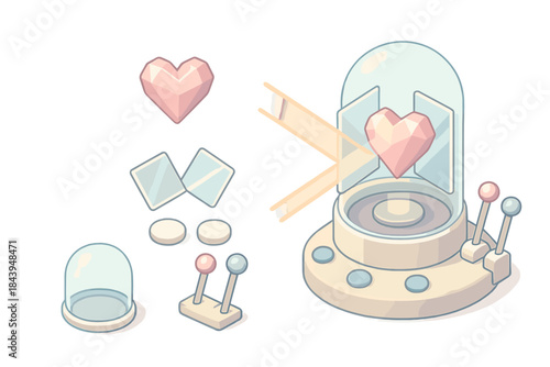 Emotion Refractor Chamber. Isometric vector illustration set Emotion Refractor Chamber: heart crystal core, reflection mirrors,