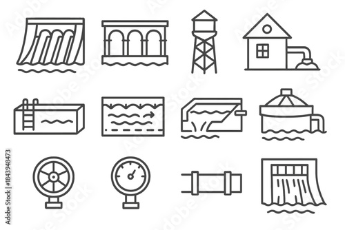 Water Infrastructure Icons. Line style icons of water infrastructure: dam, aqueduct, water tower, pumping house; filtration tank,