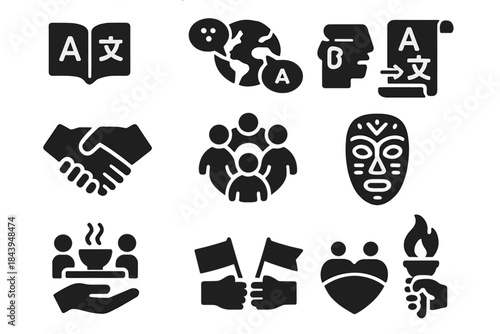 Cross-Cultural Icons. Solid style icons of Cross-Cultural Dialogue: translation book, globe with speech bubbles, language scroll,